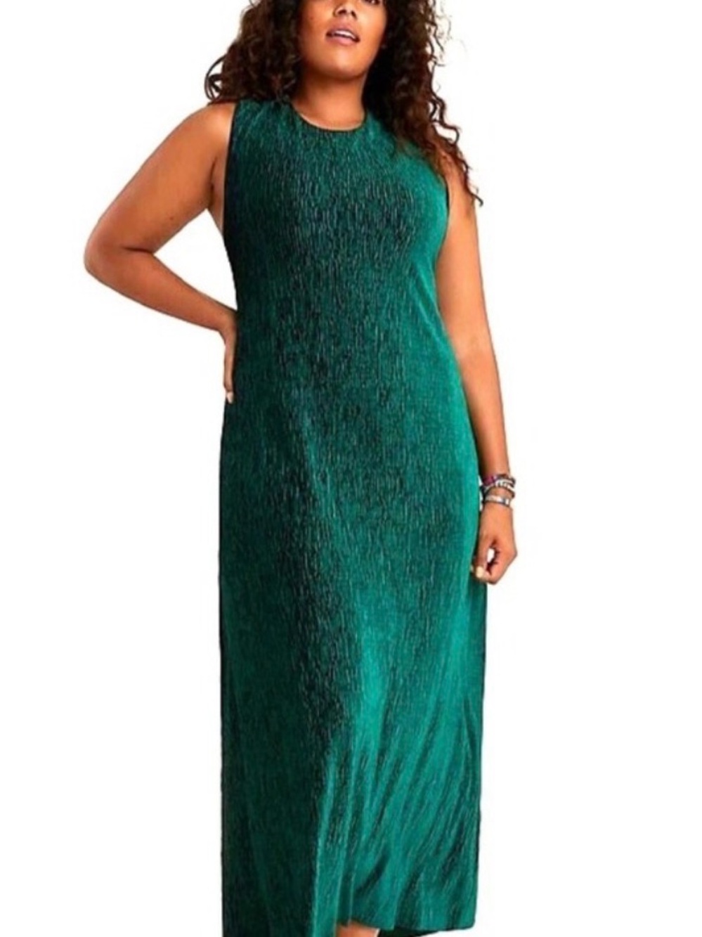 EUC Maeve- Emerald Green Plissé Pleated Sleeveless Midi Dress. PTP 21”Length 52”